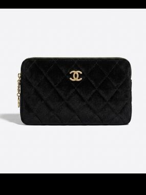 CHANEL Black Quilted Velvet Cosmetic Pouch with Beautiful Gold CC Charm